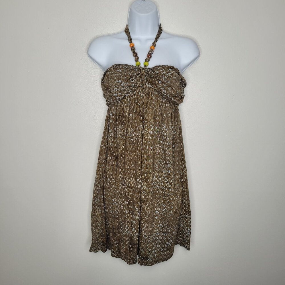 Santiki blue brown beaded halter vacation babydoll short mini dress size large